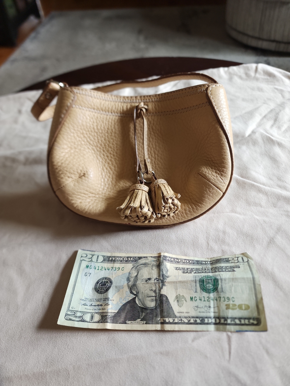Cole Haan Creme Pebbled Leather Tassel Shoulder Bag in Beige
